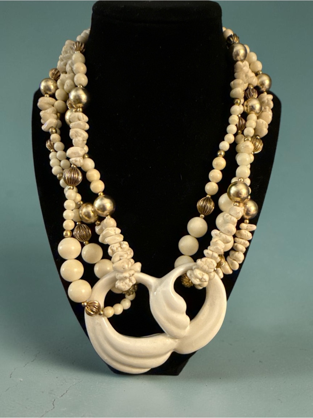 Artisan Statement Necklace Multi Strand Cream Beads Porcelain Ceramic Pendant